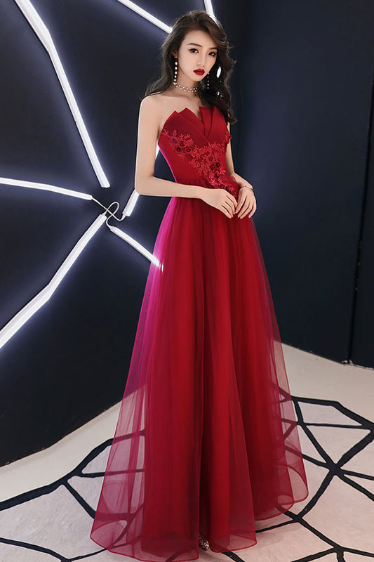 Burgundy Tulle Lace Long Prom Dress Burgundy Evening Gown