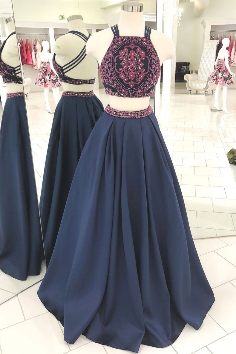 Dark Blue Two-Piece Beaded Long Prom Dress Blue Evening Dress