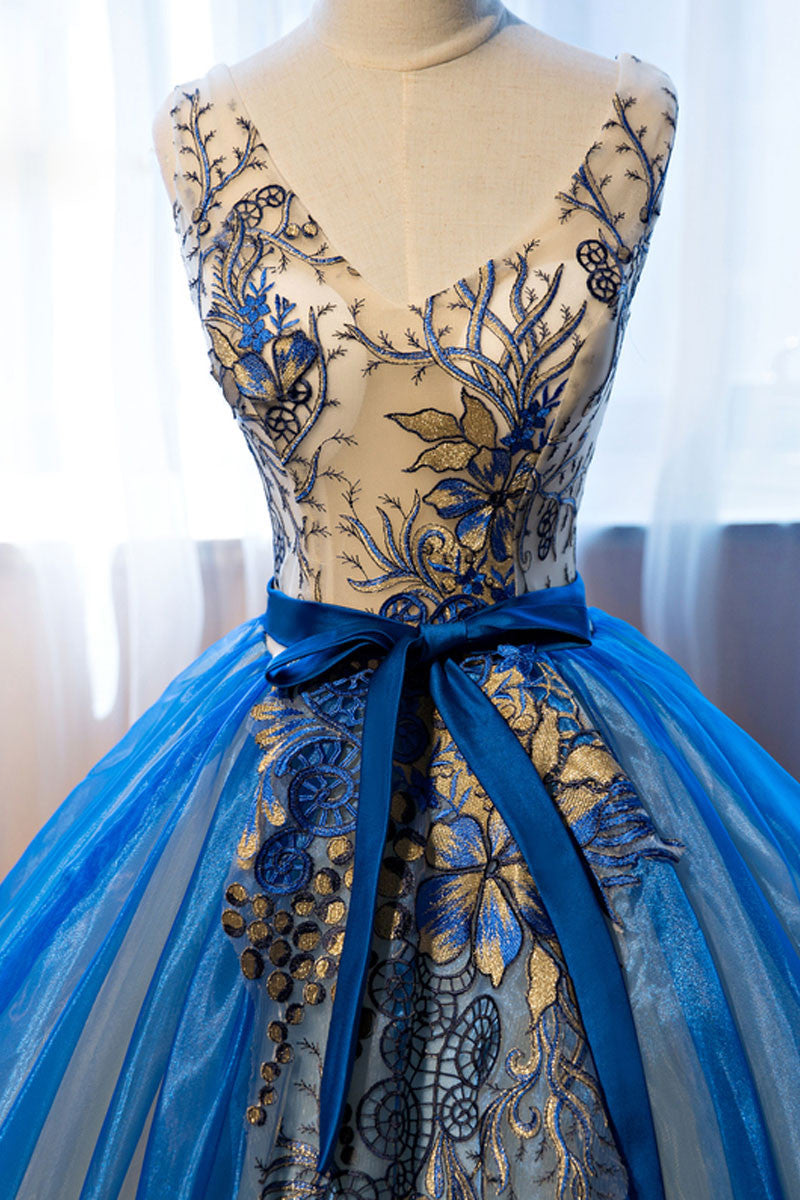 Unique V-Neck Blue Embroidery Long Prom Dress Sweet 16 Dress