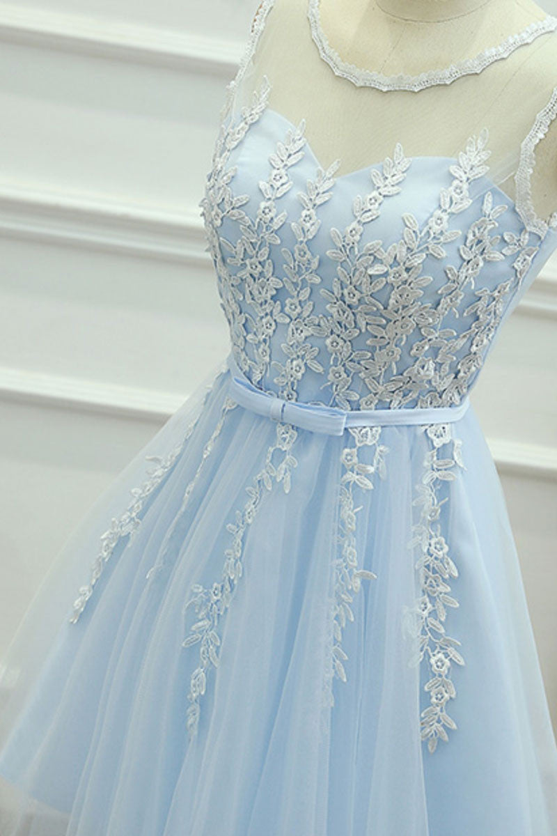 Cute Round Neck Lace Tulle Blue Prom Dress Homecoming Dress