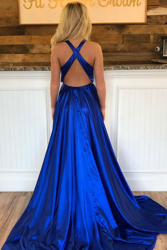 Simple V-Neck Blue Satin Long Prom Dress Blue Formal Dress