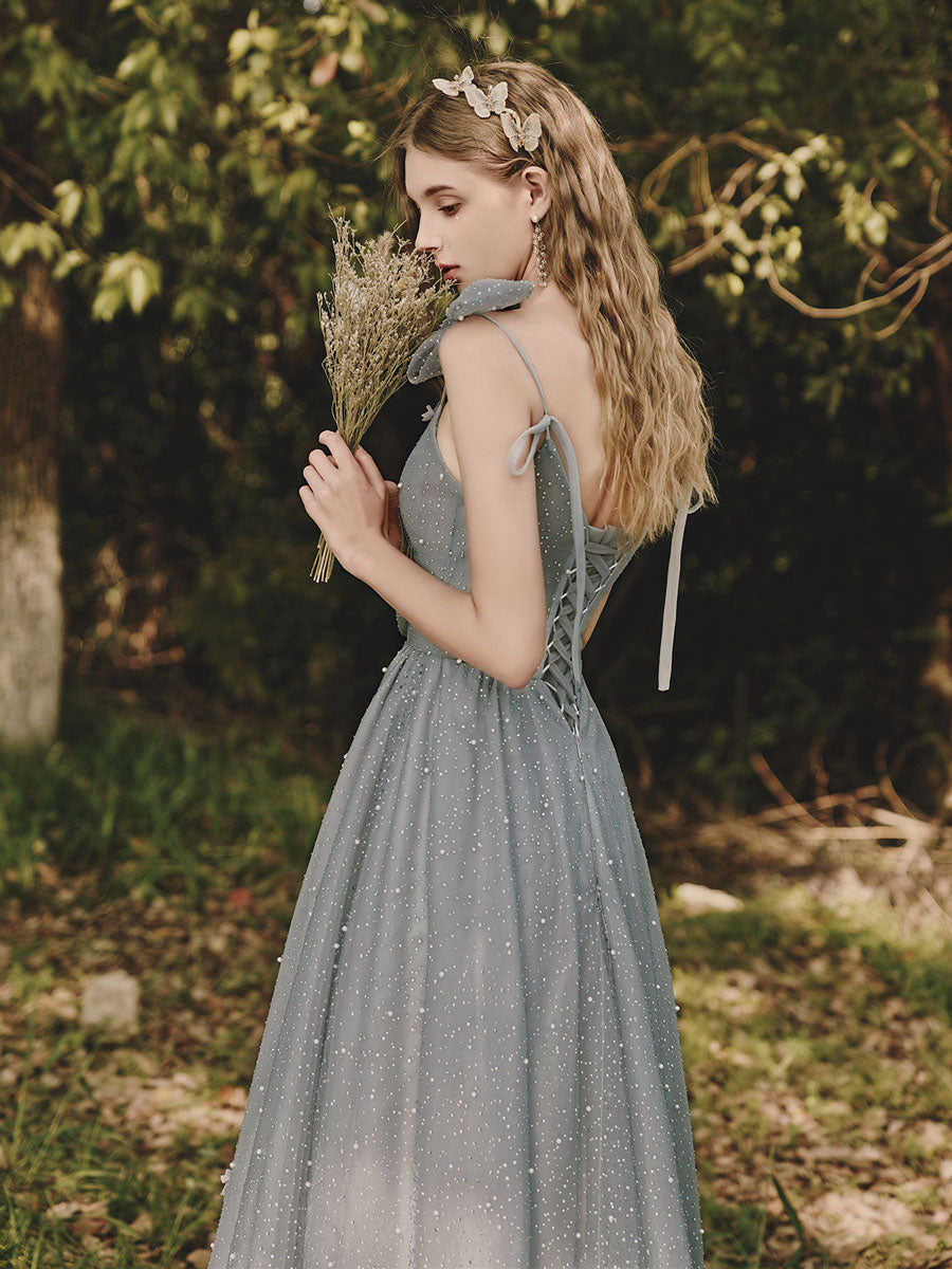 Gray Tulle Sequin Tea-Length Prom Dress Gray Evening Dress