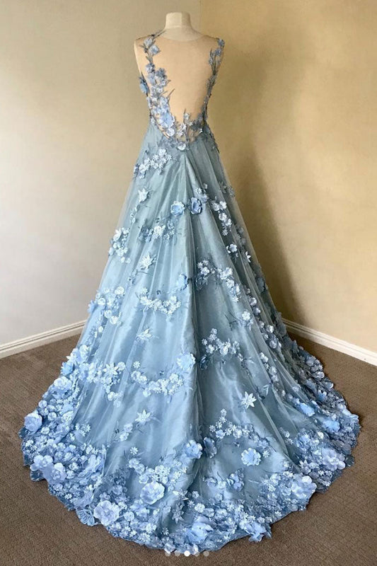 Blue Round Neck Lace Long Prom Dress Blue Lace Evening Dress