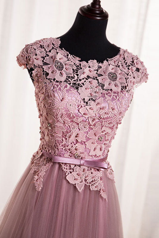 Pink Round Neck Tulle Lace Appliqu¨¦ Long Prom Dress Tulle Evening Dress