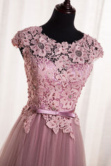 Pink Round Neck Tulle Lace Appliqu¨¦ Long Prom Dress Tulle Evening Dress