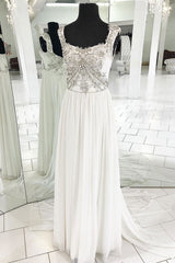 White Chiffon Beads Sequin Long Prom Dress White Evening Gown