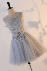 Cute Gray Round Neck Tulle Lace Short Prom Dress Gray Homecoming Dress