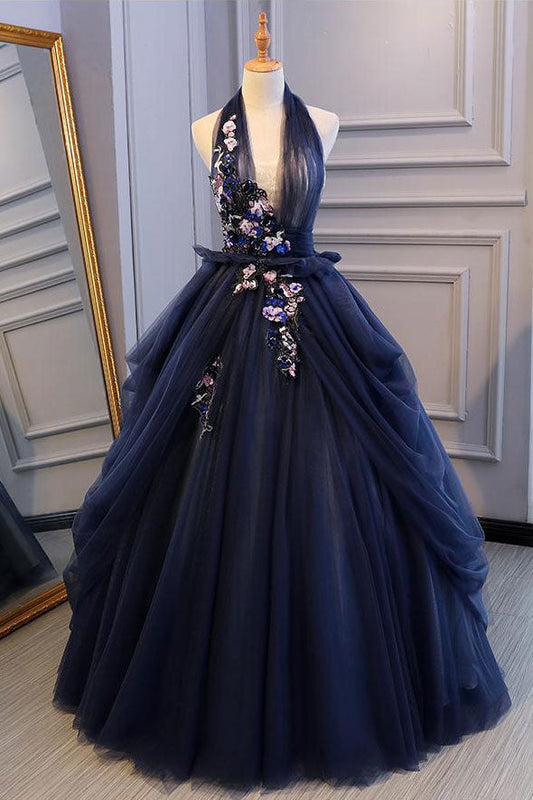 Blue Tulle Lace Long Prom Dress Blue Tulle Lace Evening Dress