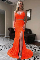 Two Piece Orange Sequins Mermaid Prom Dress with Slit