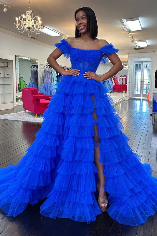 Adalynn Dressystars  Royal Blue Off the Shoulder Ruffle Tiered Tulle Material Long Prom Dresses with Split Design