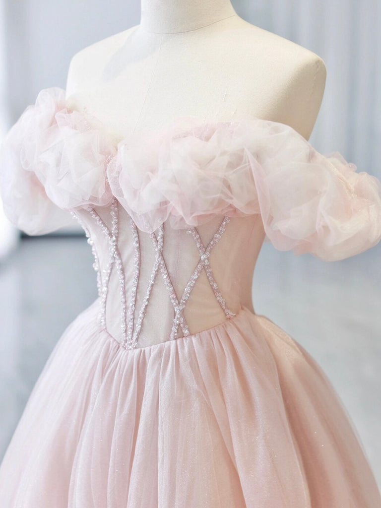 A-Line Sweetheart Neck Off-Shoulder Tulle Pink Long Prom Dress Pink Long Formal Dress