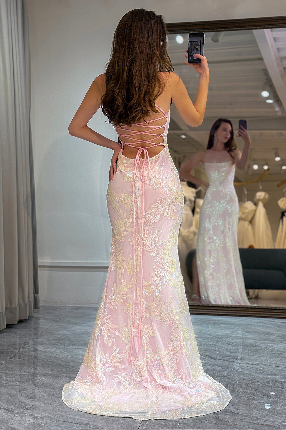 Glitter Pink Mermaid Long Appliqued Prom Dress With Slit