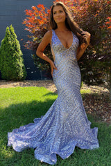 Dark Green Deep V Neck Sequin Mermaid Prom Dress