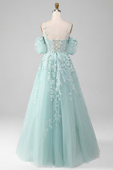 Mint A Line Tulle Off the Shoulder Long Prom Dress With Appliques