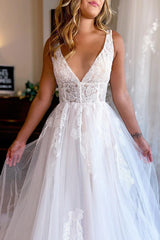 Stylish Ivory A-Line Deep V-Neck Backless Long Wedding Dress with Lace