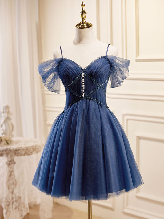 Dark Blue V-Neck Tulle Short Prom Dress Blue Homecoming Dress