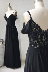 Black V-Neck Chiffon Lace Long Prom Dress Black Evening Dress