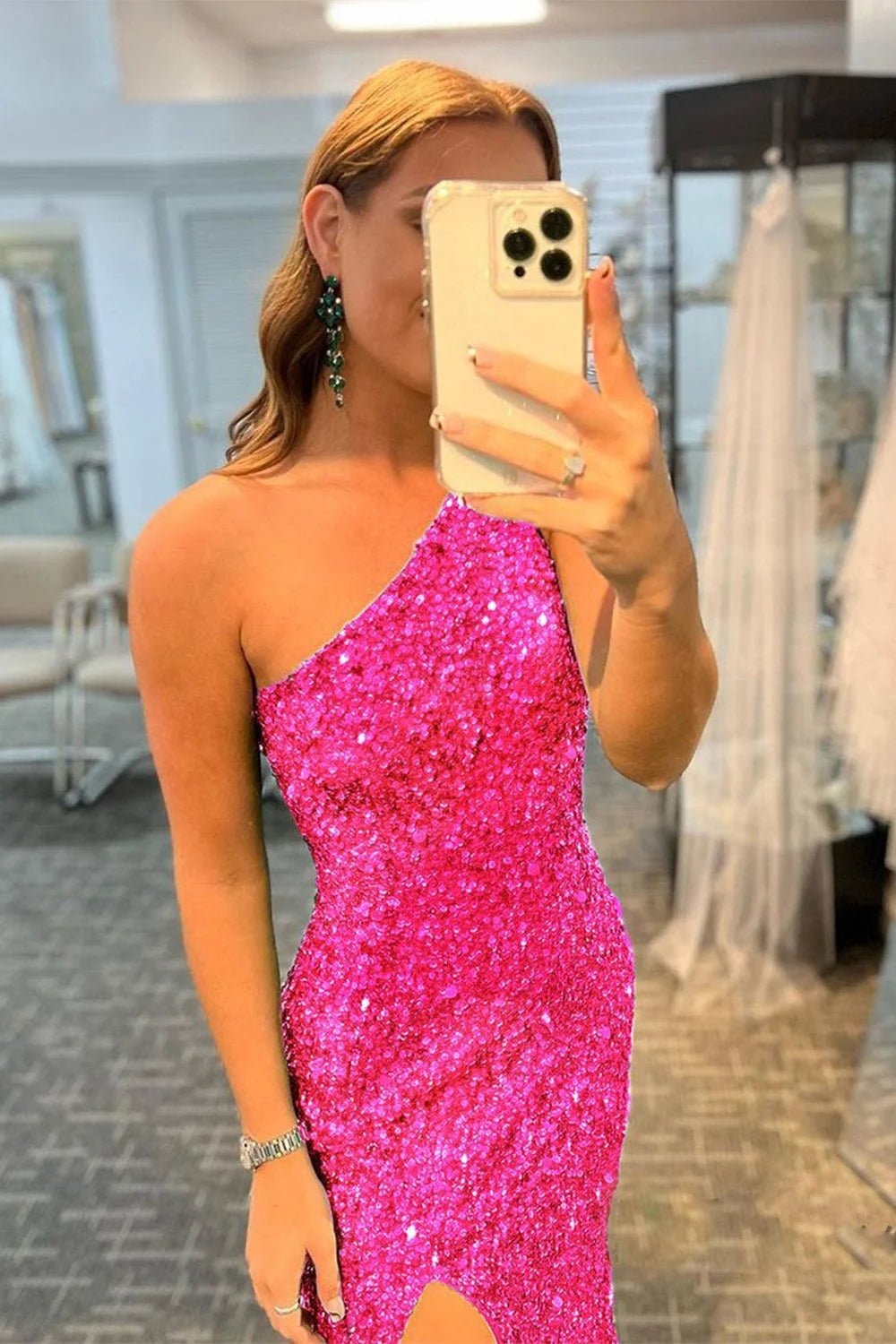 Fuchsia Sequin Long Prom Dress with Slit