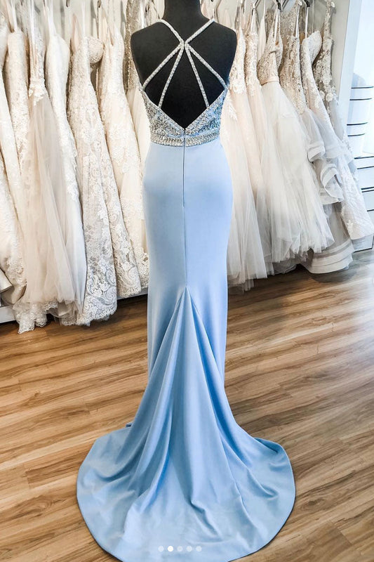 Blue V-Neck Satin Long Prom Dress Blue Evening Dress