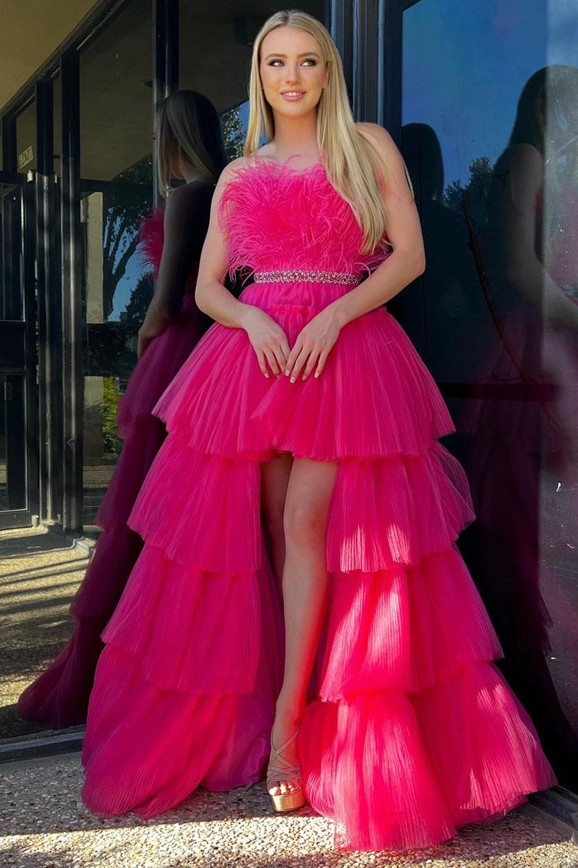 Dressystars  Fuchsia A-line High-Low Strapless Ruffled Tulle Material Elegant Prom Dress with Featured Feathers