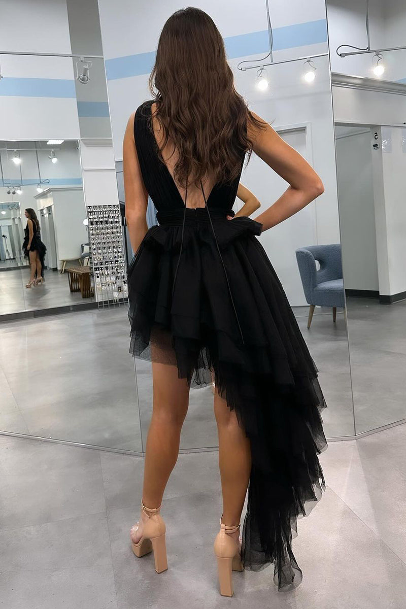 Glamorous Black Sexy V Neck Irregular Hem A-Line Prom Dresses