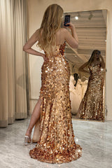 Sparkly Rose Golden Beaded Sequins Mermaid Long Prom Dress With Slit