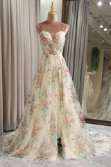 Flower A Line Long Prom Dress With Slit