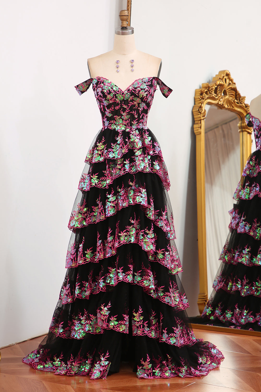 Sparkly Black Pink Tiered A-Line Long Prom Dress with Lace