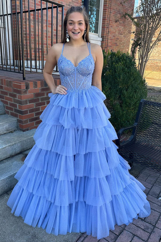 Blue A-Line Corset Long Tulle Tiered Prom Dress with Lace