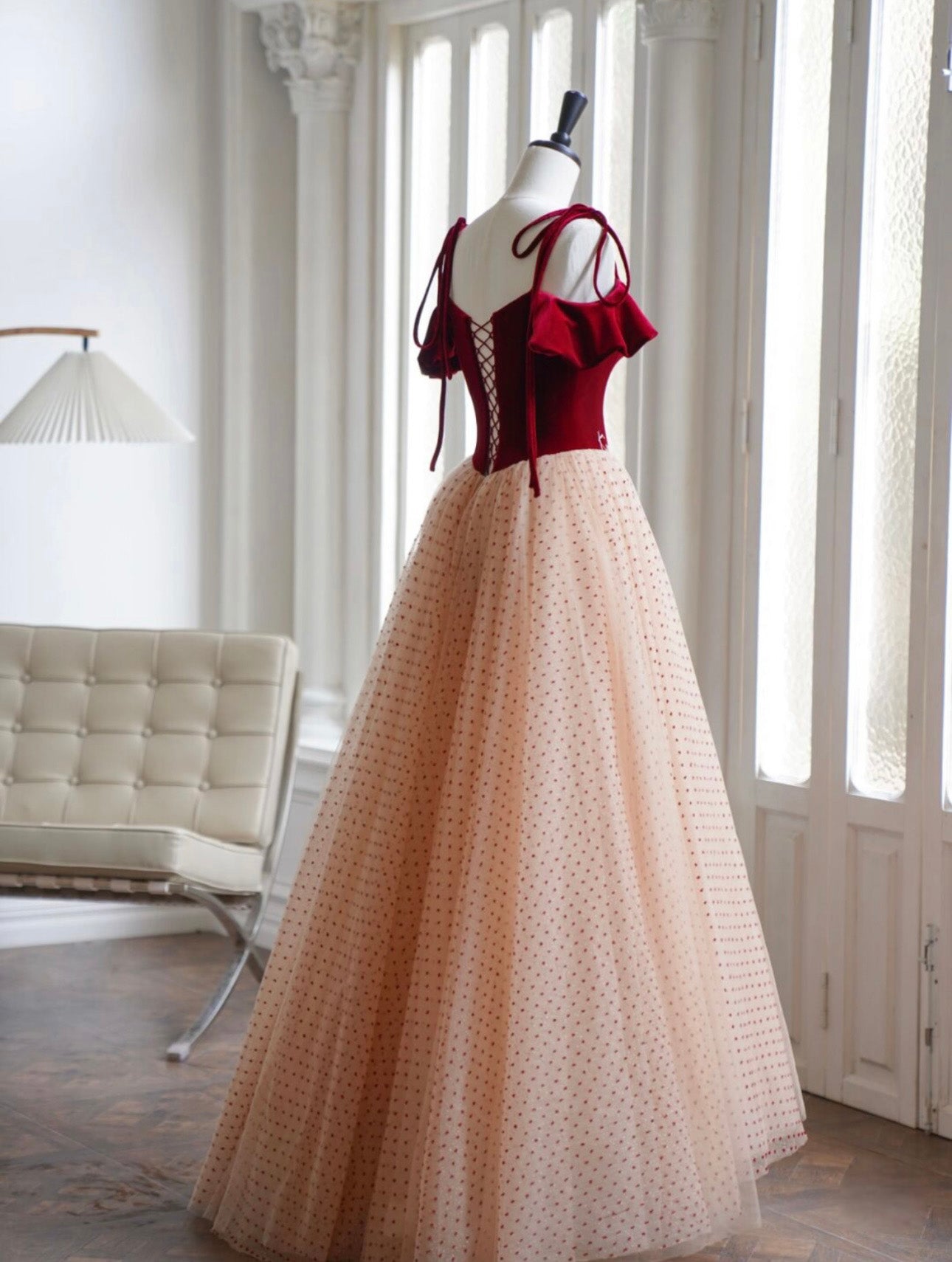 A-Line Burgundy Velvet Tulle Long Prom Dress Burgundy Long Formal Dress