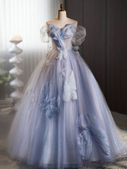 A-Line Off-Shoulder Tulle Flower Blue Long Prom Dress Blue Long Sweet 16 Dress