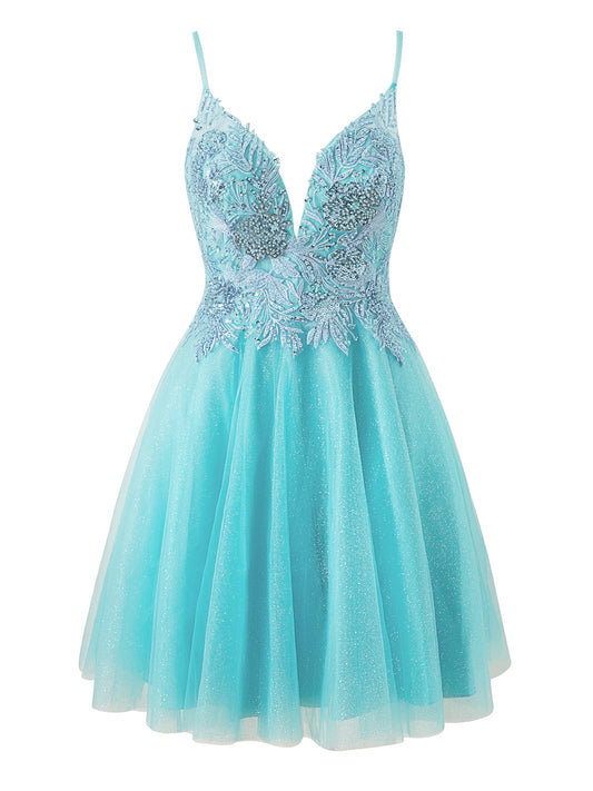 a sparkling a line short shoulder strap glitter tulle homecoming dress