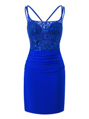 avery royal blue pretty sheath short shoulder strap jersey homecoming dress