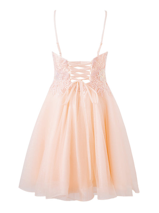 shiny a line short shoulder strap glitter tulle homecoming dress