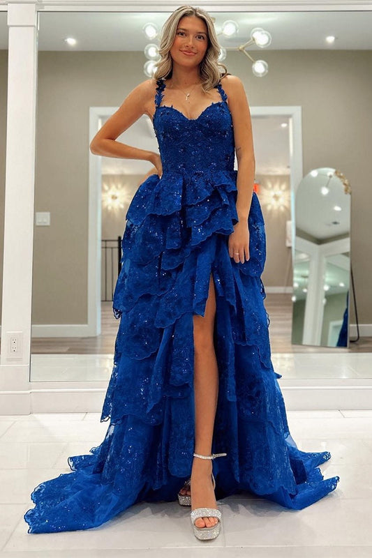 Dressystars Blue Tulle Material Sequin Chic Sweetheart Collar Ruffle Tiered Long Gown