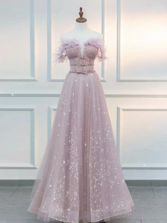 A-Line Off-Shoulder Tulle Lace Pink Long Prom Dress Pink Long Graduation Dress