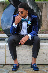 Unique Dark Blue Velvet Patchwork Notched Lapel Men's Prom Jacket