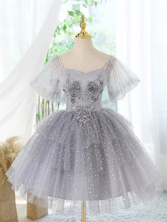 Cute A-Line Tulle Lace Short Prom Dress Gray Homecoming Dress