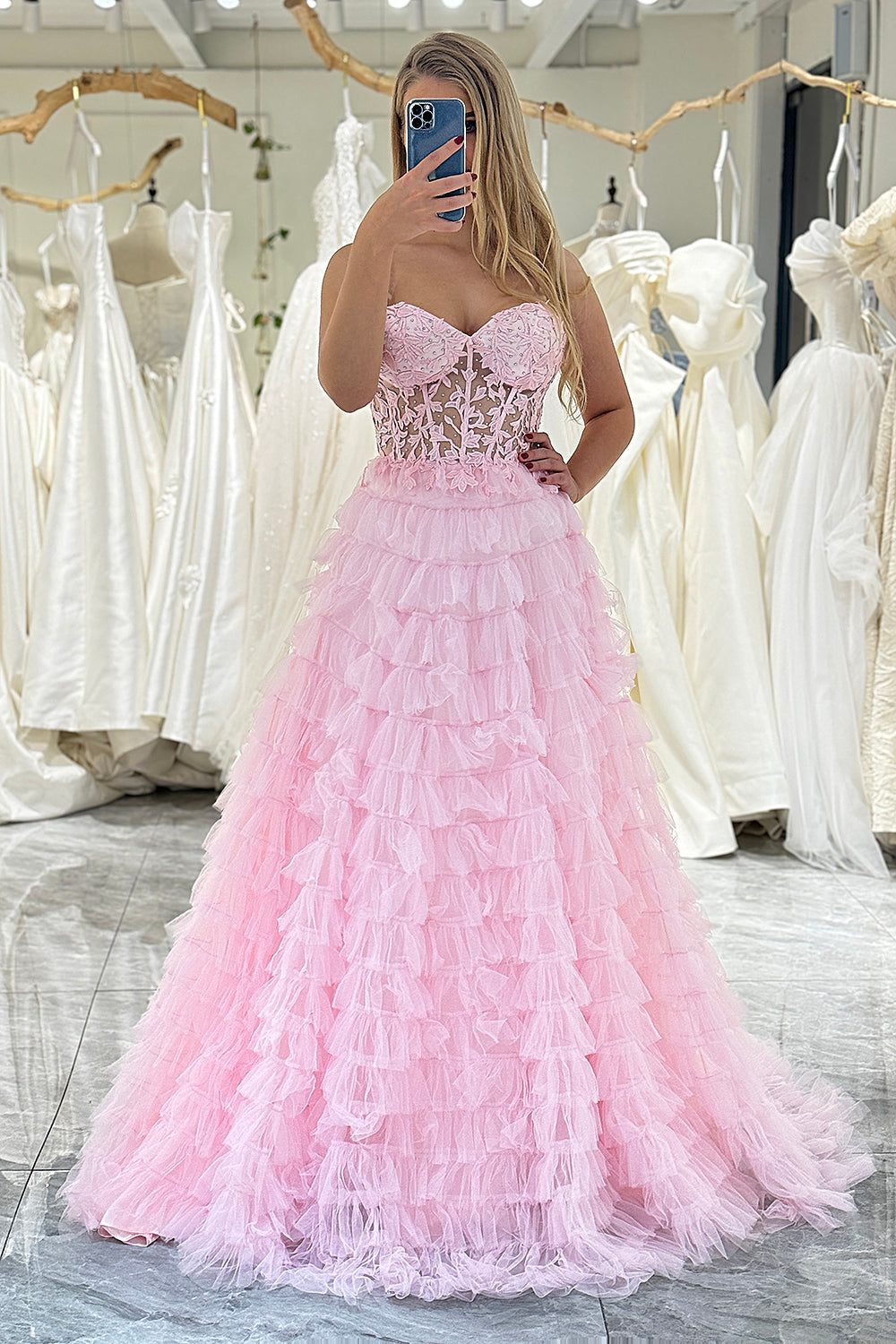 Coral A Line Tiered Sweetheart Long Corset Prom Dress