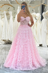 Pink A Line Tiered Sweetheart Long Corset Prom Dress