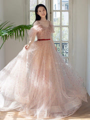 A-Line Off-Shoulder Tulle Light Pink Long Prom Dress Long Formal Dress