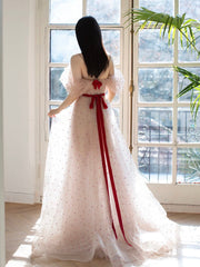 A-Line Off-Shoulder Tulle Light Pink Long Prom Dress Long Formal Dress