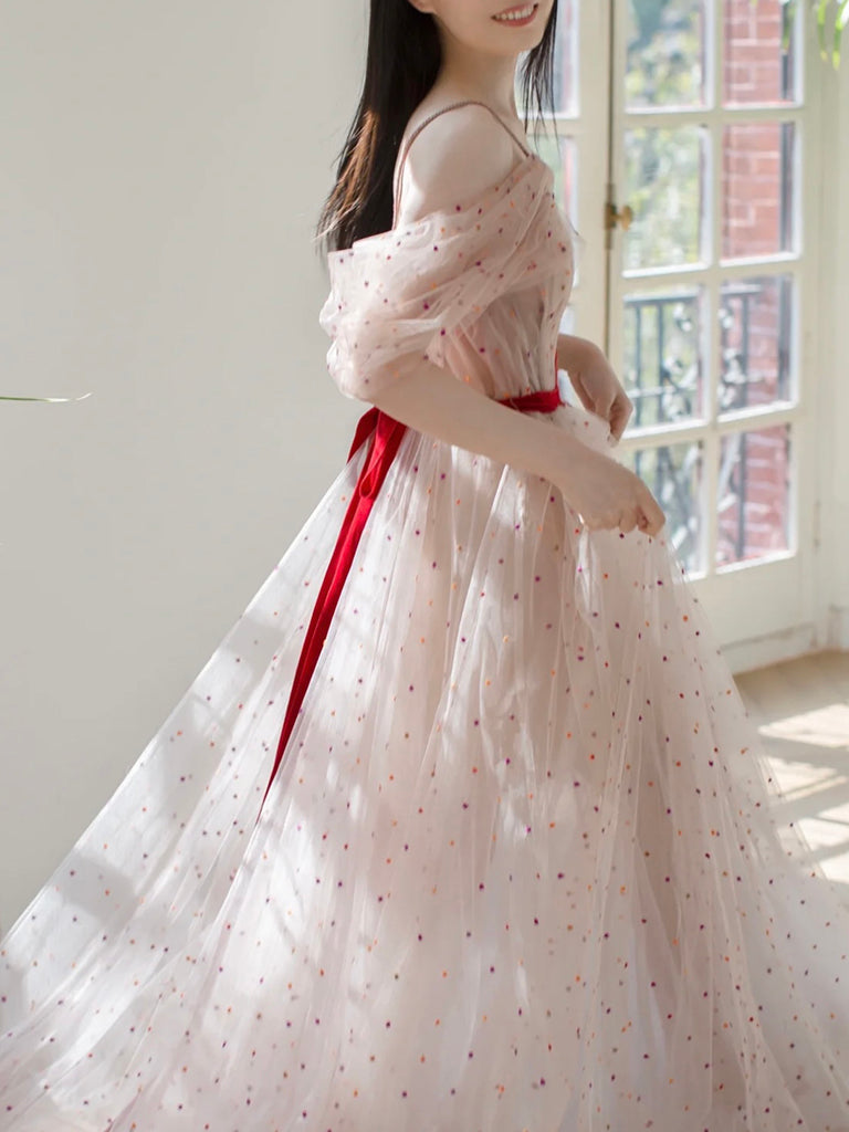 A-Line Off-Shoulder Tulle Light Pink Long Prom Dress Long Formal Dress