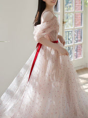 A-Line Off-Shoulder Tulle Light Pink Long Prom Dress Long Formal Dress