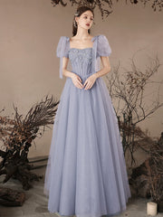 A-Line Sweetheart Neck Tulle Beaded Blue Long Prom Dress Blue Long Evening Dress