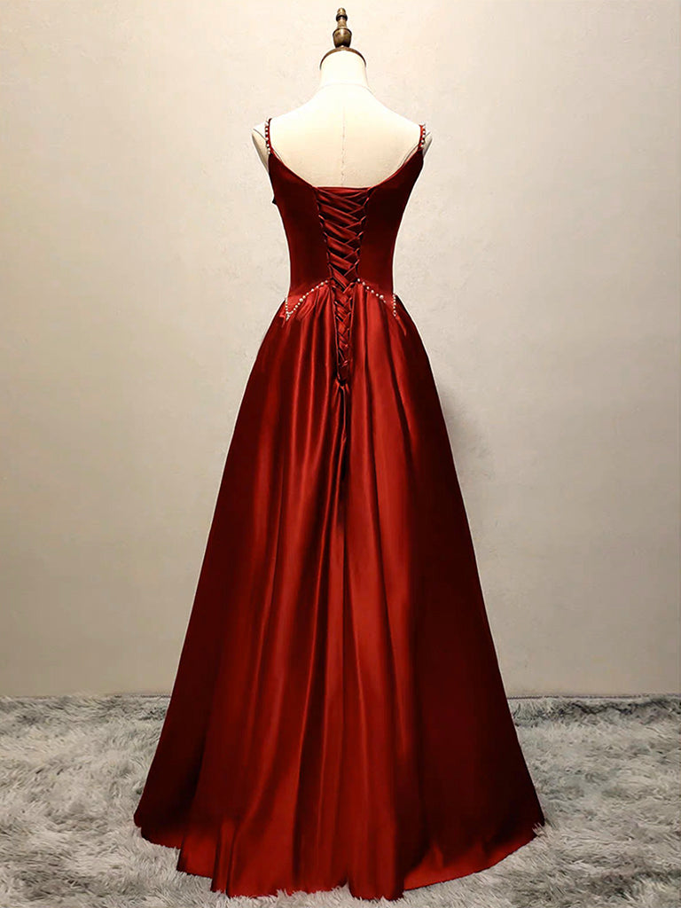 A-Line Satin Burgundy Long Prom Dress Burgundy Long Formal Dress