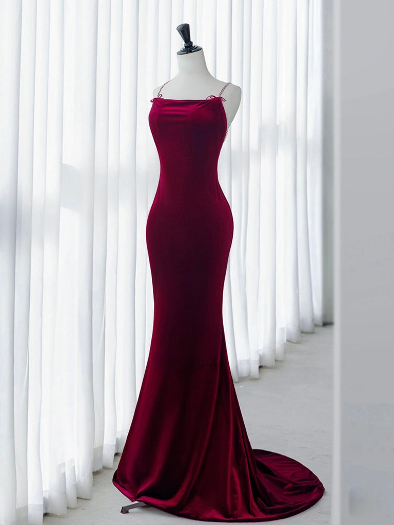 Simple Velvet Mermaid Burgundy Long Prom Dress Burgundy Long Formal Dress