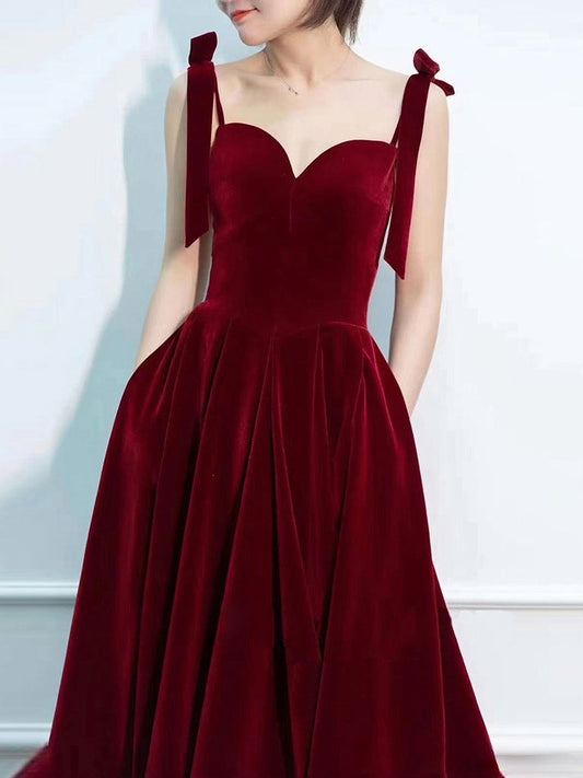 A-Line Sweetheart Neck Velvet Burgundy Long Prom Dress Burgundy Formal Dress