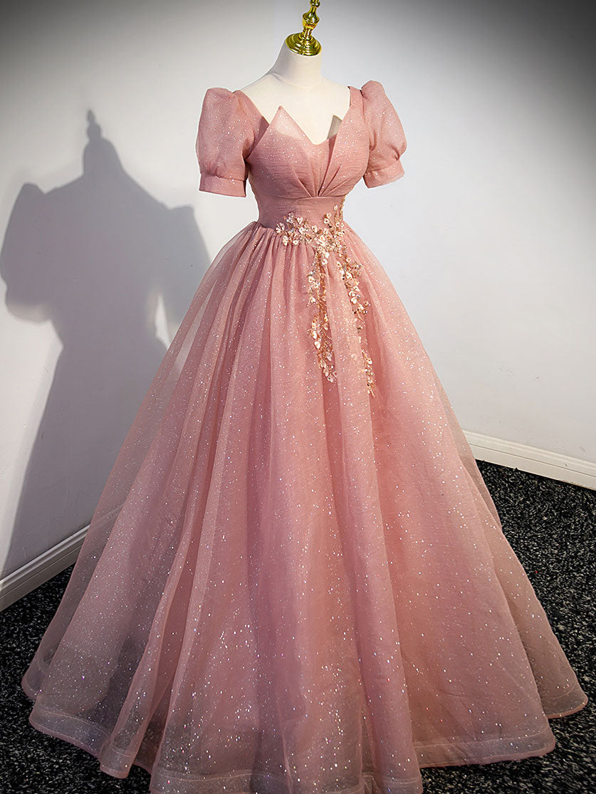 Pink A-Line Tulle Sequin Lace Long Prom Dress Pink Formal Evening Dress