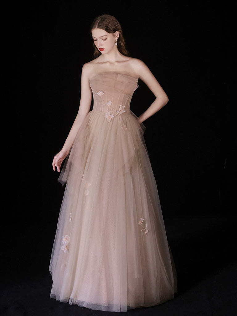 A-Line Champagne Tulle Beaded Long Prom Dress Champagne Tulle Long Formal Dress